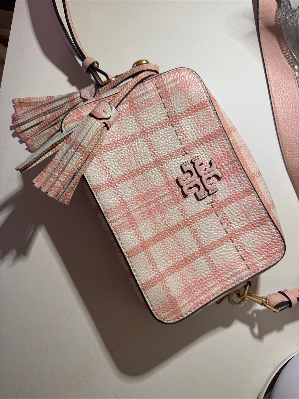 Tory Burch Pink & White Plaid Leather Crossbody with Tassel Accent